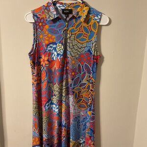 MSK Blue Floral-Graphic Zip Front Top with Gold Ring Pull
